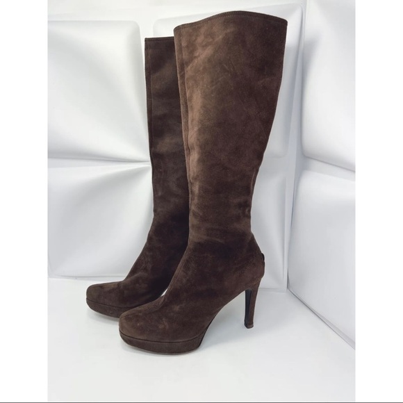 Helmut Lang Womens 37 Sz 7 Brown Suede Platform Tall High Heel Boots ITALY - Picture 1 of 11